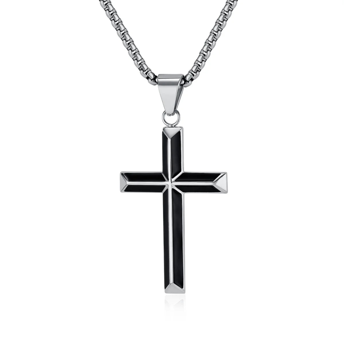 Black Enamel Cross Necklace Silver Pendant with Chain Front View White Background