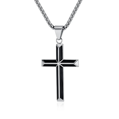 Black Enamel Cross Necklace Silver Pendant with Chain Front View White Background