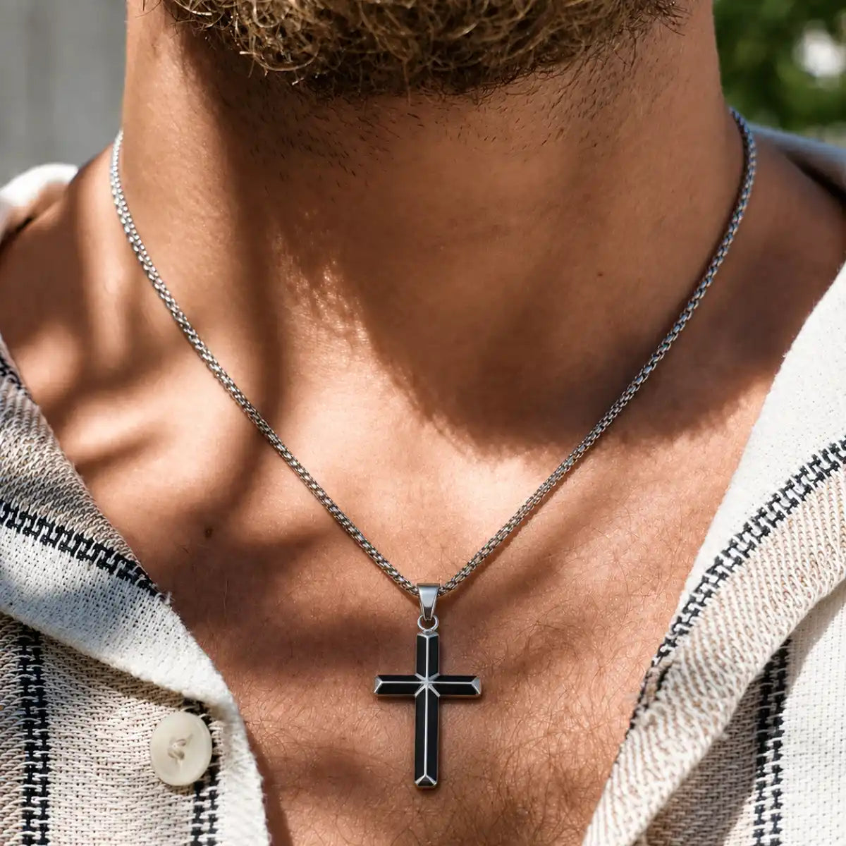 Black Enamel Cross Necklace Silver Worn by Male Model Chest View