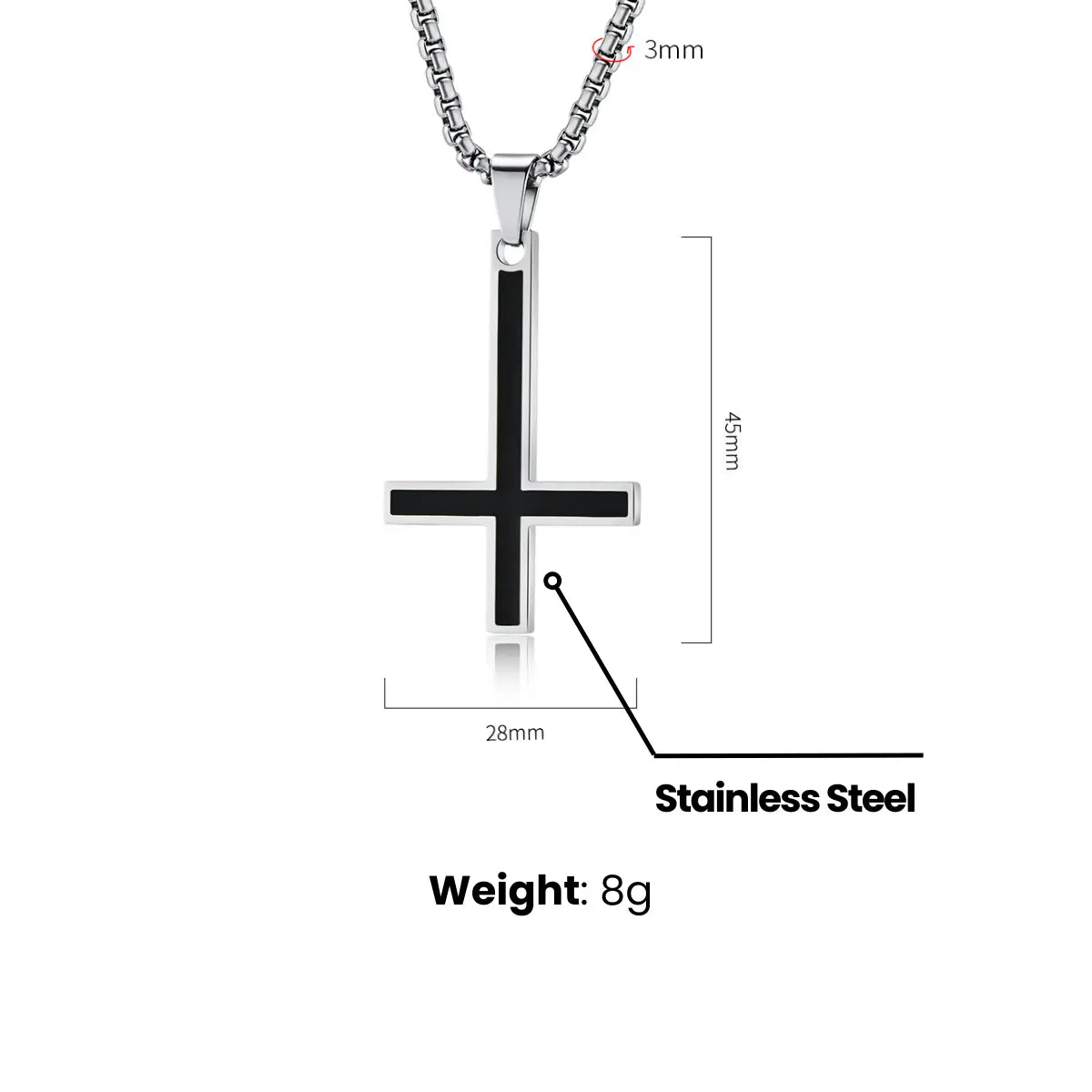 Black Enamel Inverted Cross Pendant Necklace Dimensions and Weight