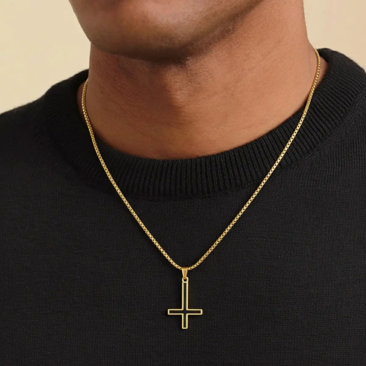 Black Enamel Inverted Cross Pendant Necklace Gold Worn by Male Model