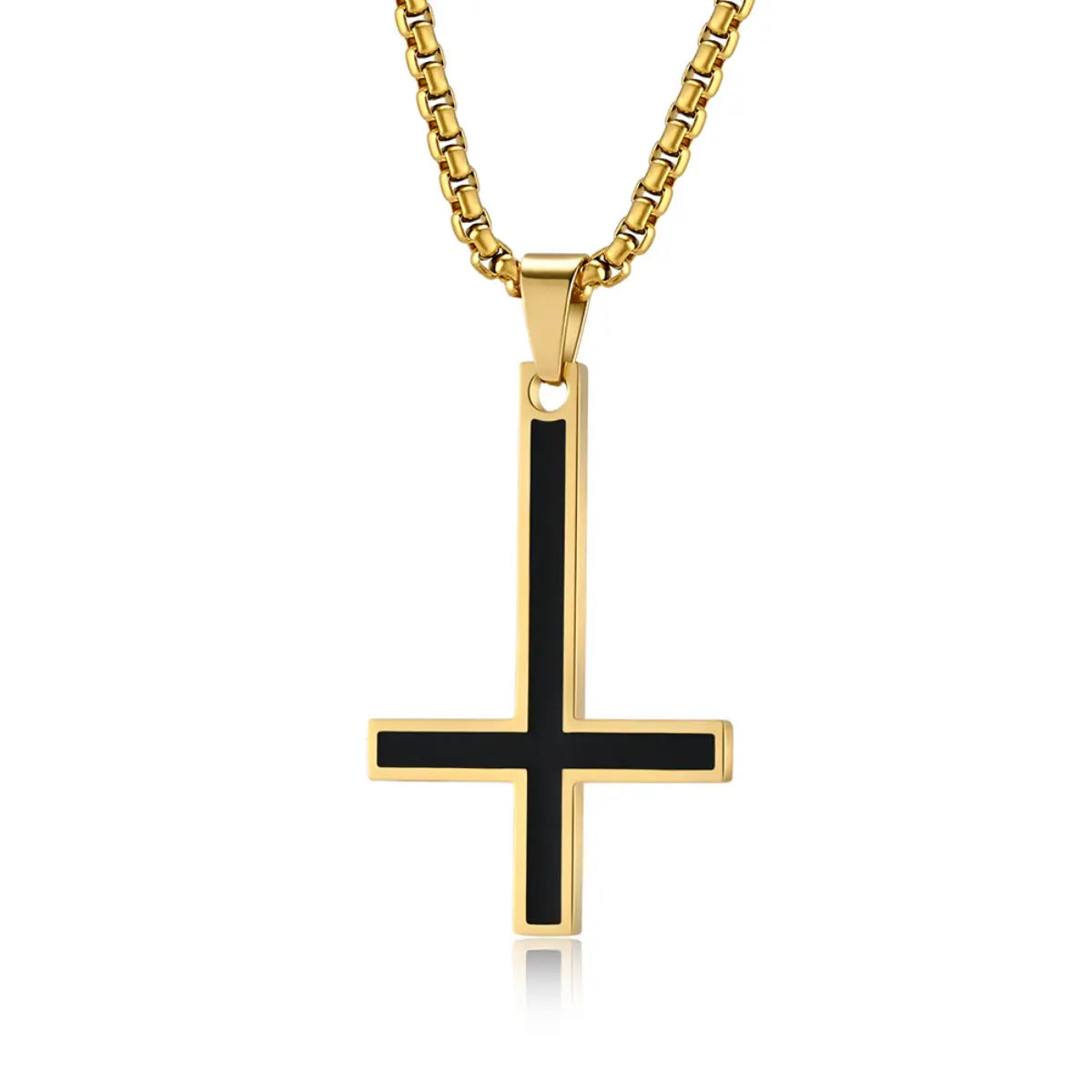 Black Enamel Inverted Cross Pendant Necklace Gold
