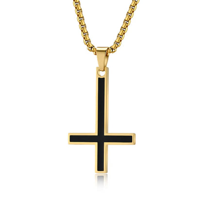 Black Enamel Inverted Cross Pendant Necklace Gold