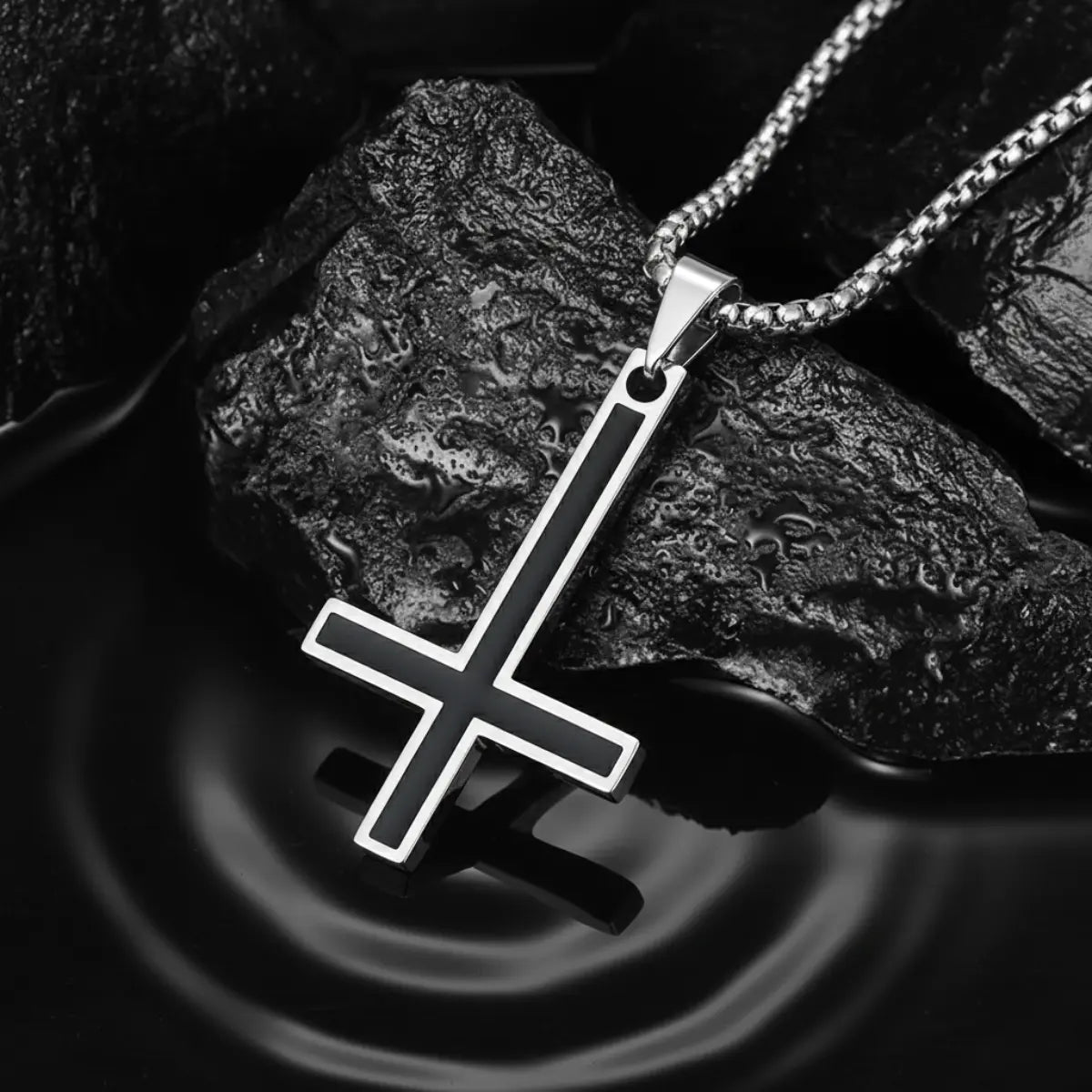 Black Enamel Inverted Cross Pendant Necklace Silver Close Up