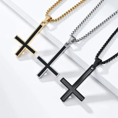 Black Enamel Inverted Cross Pendant Necklace Silver Gold and Black