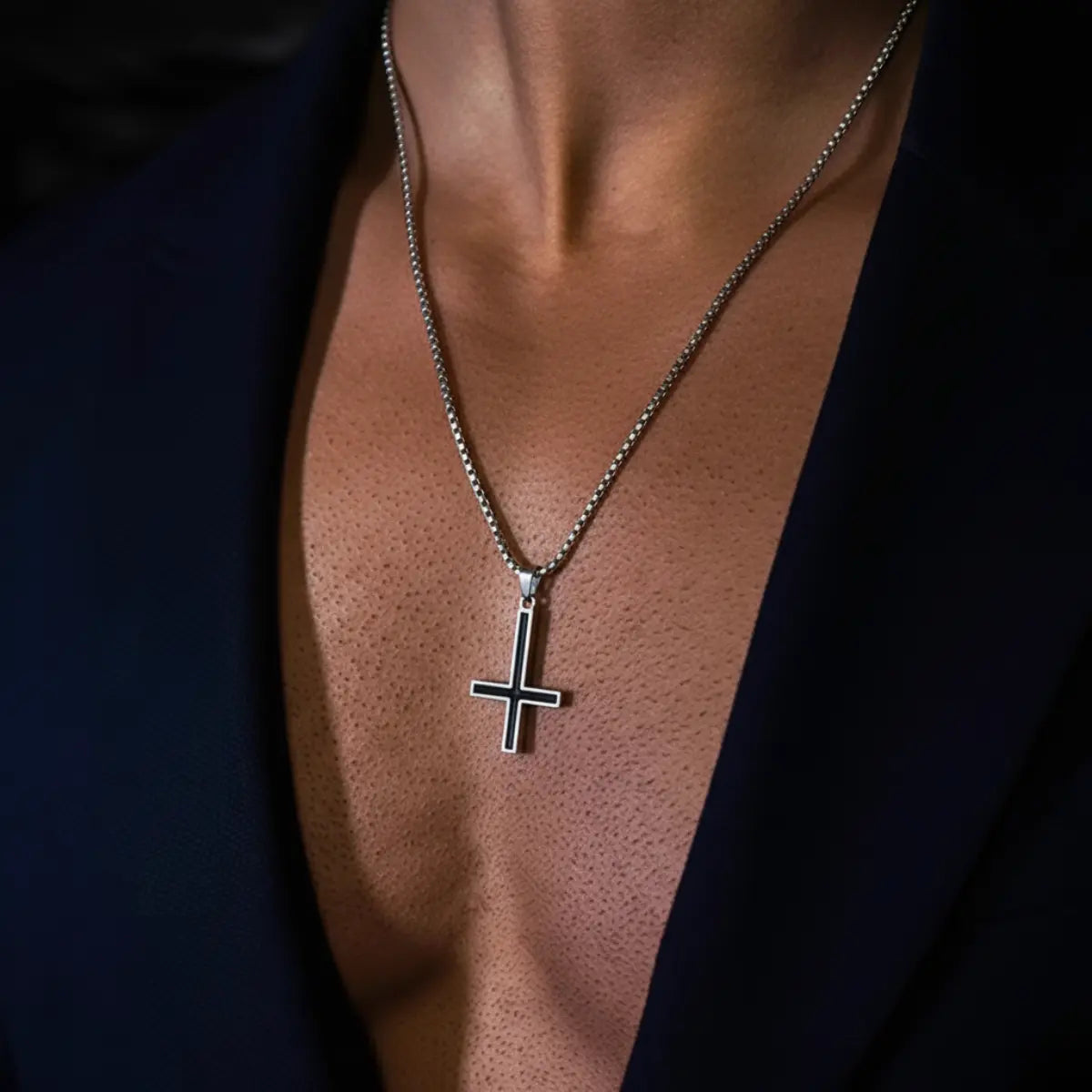 Black Enamel Inverted Cross Pendant Necklace Silver Worn by Male Model