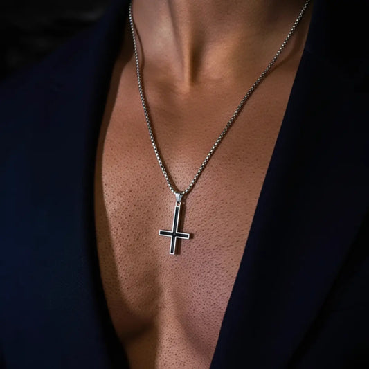 Black Enamel Inverted Cross Pendant Necklace Silver Worn by Male Model