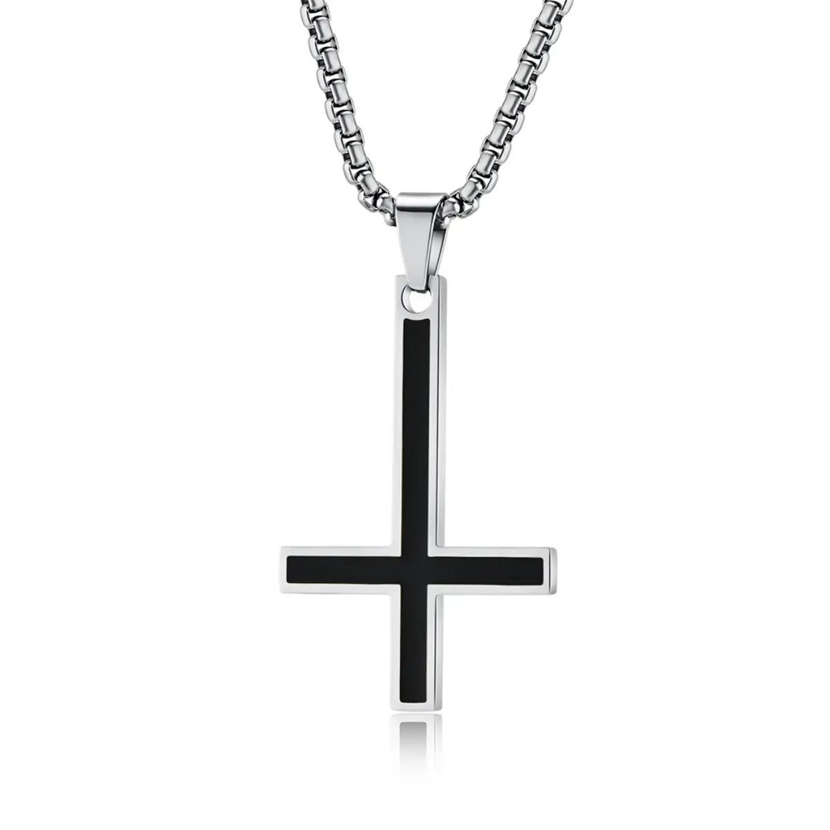 Black Enamel Inverted Cross Pendant Necklace Silver