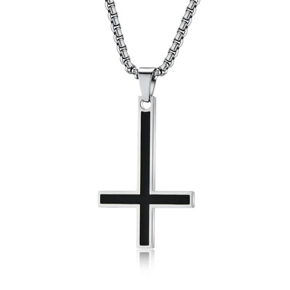Black Enamel Inverted Cross Pendant Necklace Silver