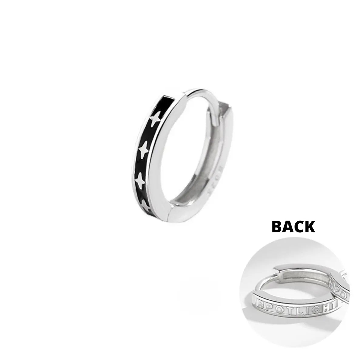 Black Enamel Star Silver Hoop Earrings Details