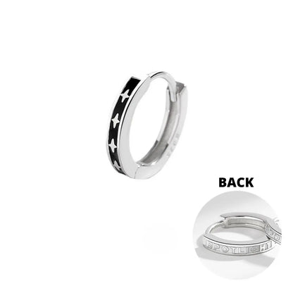 Black Enamel Star Silver Hoop Earrings Details