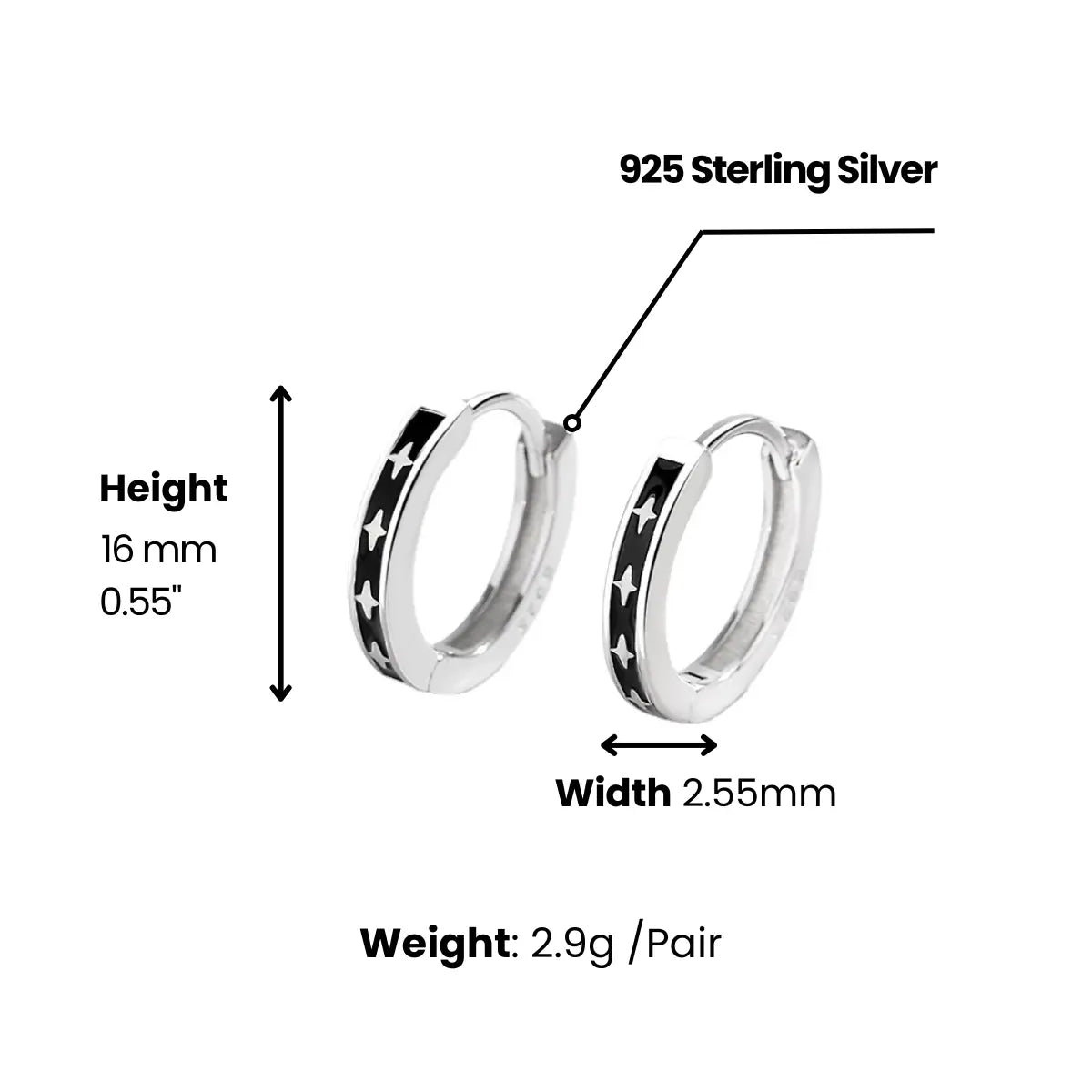Black Enamel Star Silver Hoop Earrings Dimensions and Weight