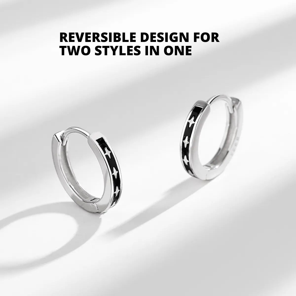 Black Enamel Star Silver Hoop Earrings Front