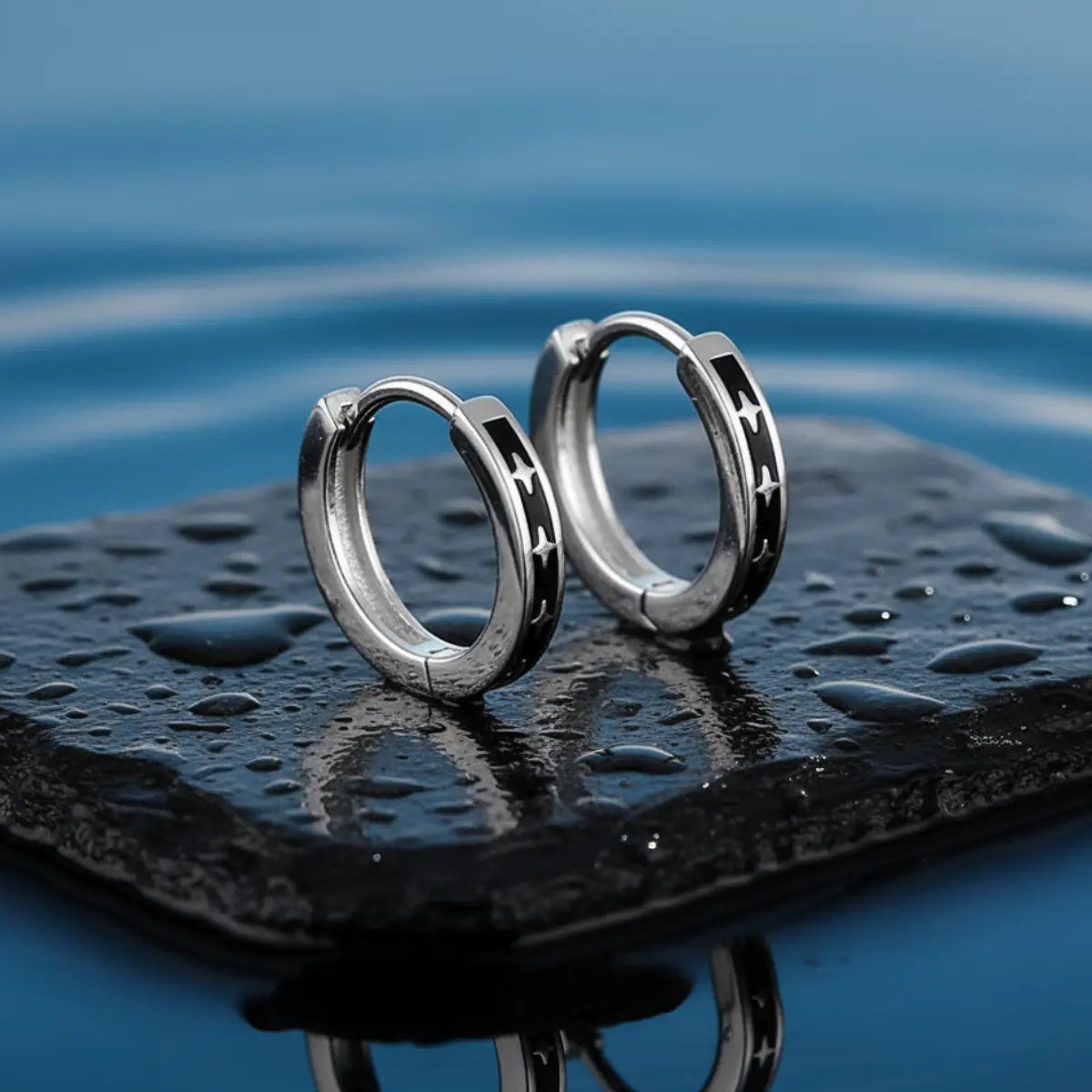 Black Enamel Star Silver Hoop Earrings