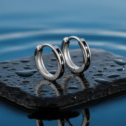 Black Enamel Star Silver Hoop Earrings