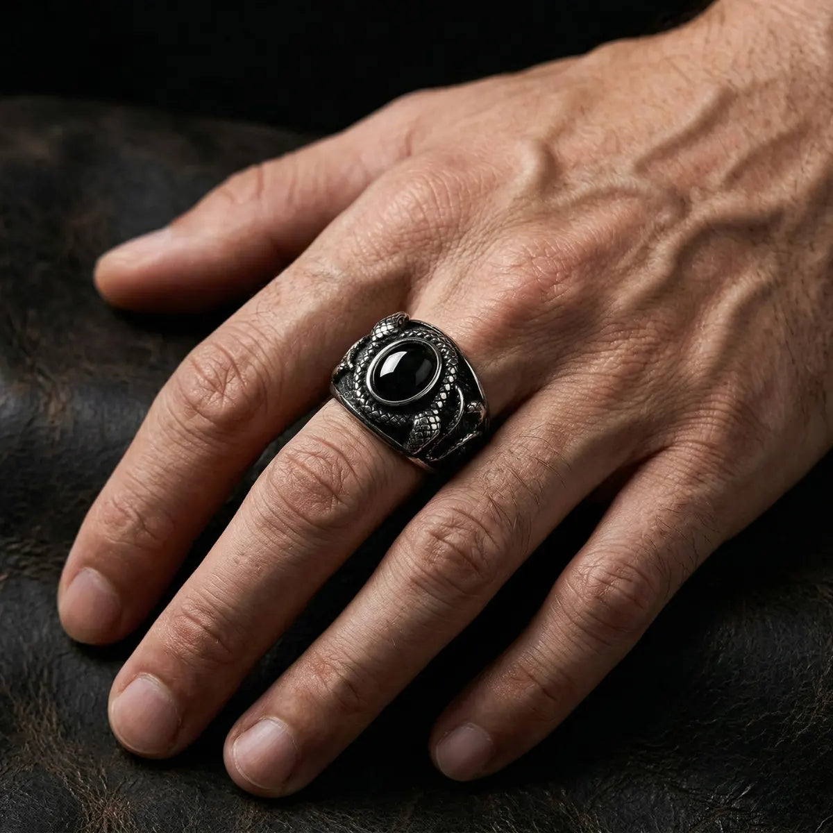 Black Gemstone Snake Ring Worn by Male Model