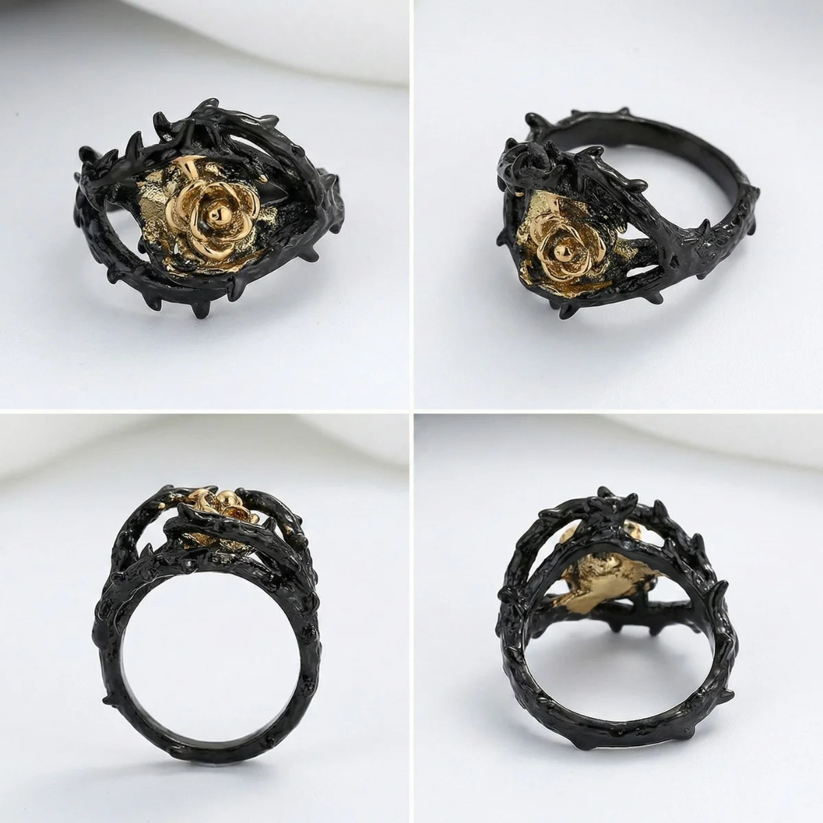 Black Gold Rose Thorns Ring Multi Angle Details