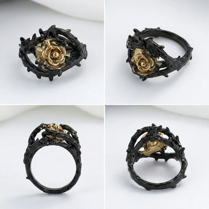 Black Gold Rose Thorns Ring Multi Angle Details