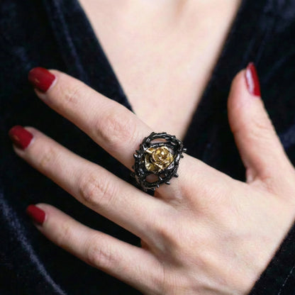 Black Gold Rose Thorns Ring Worn by Female Model