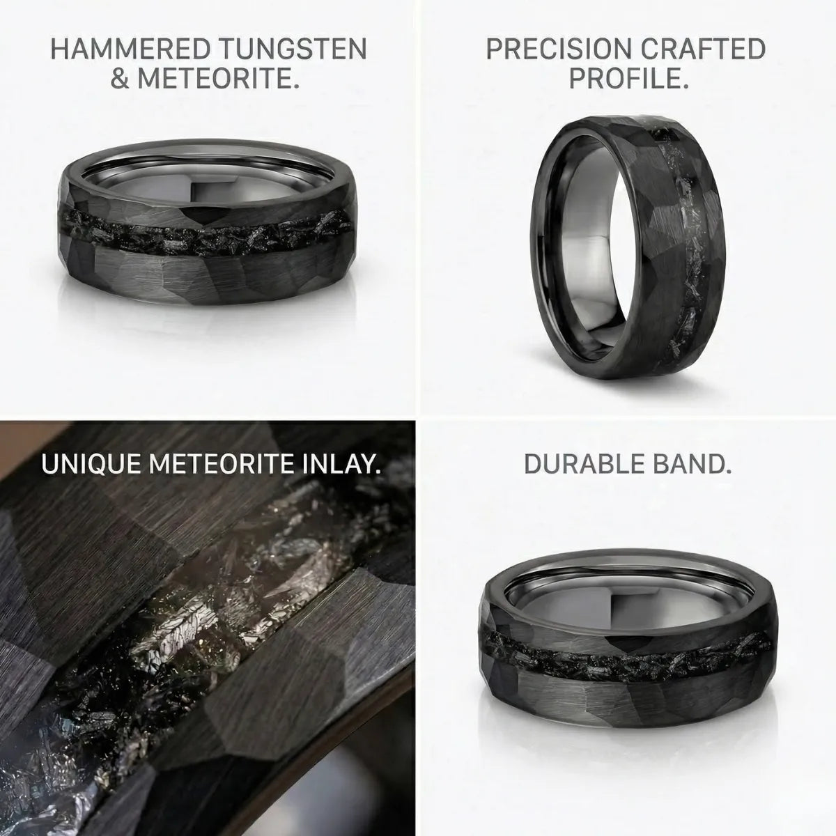 Black Hammered Meteorite Tungsten Ring Features