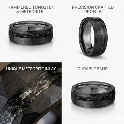 Black Hammered Meteorite Tungsten Ring Features