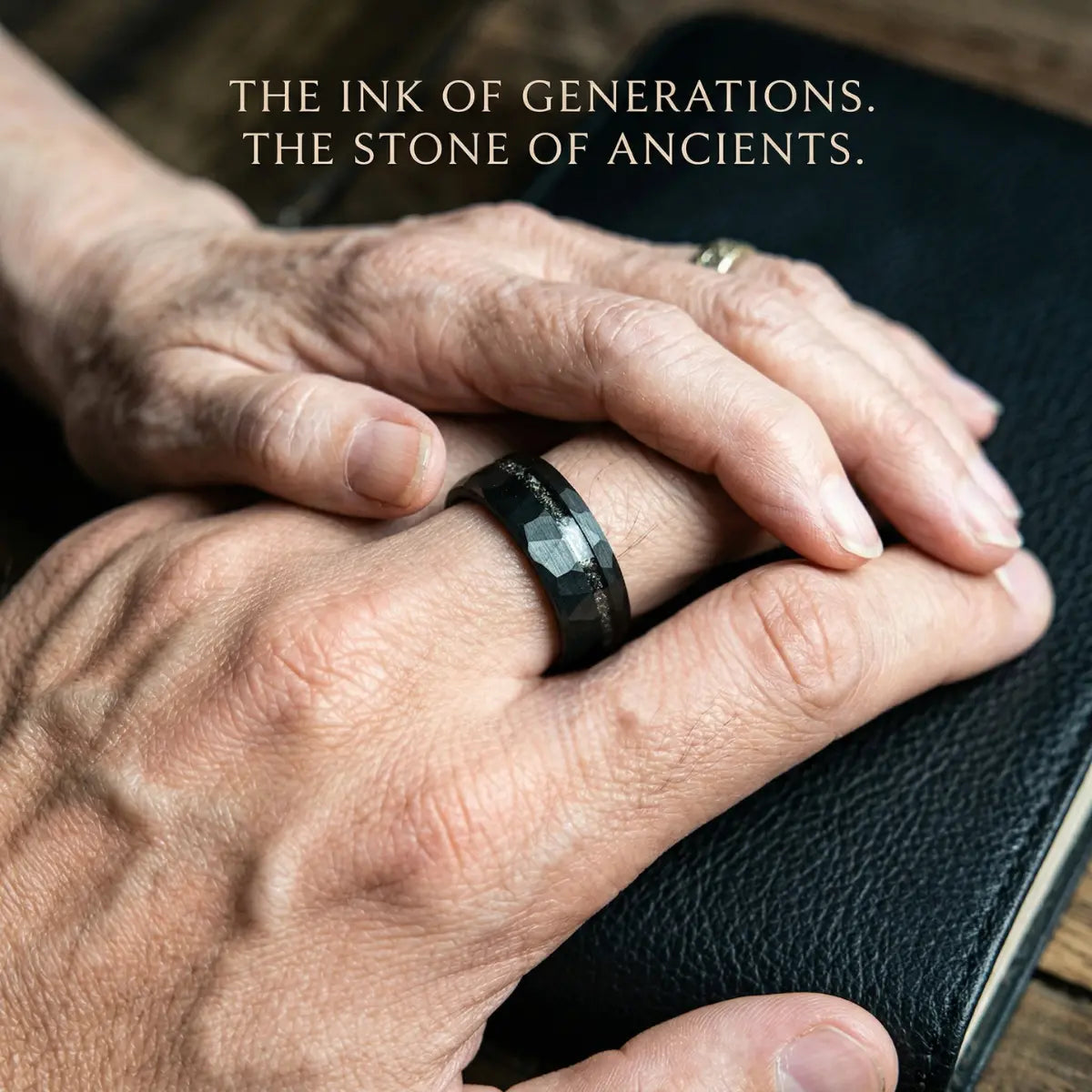 Black Hammered Meteorite Tungsten Ring Worn by Male Model Close Up