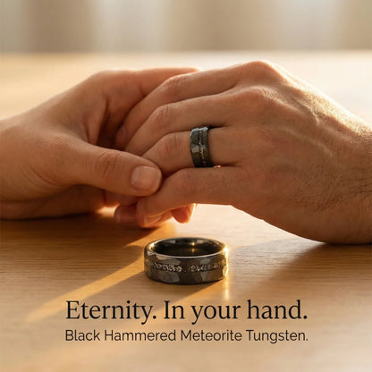 Black Hammered Meteorite Tungsten Ring Worn by Male Model Details