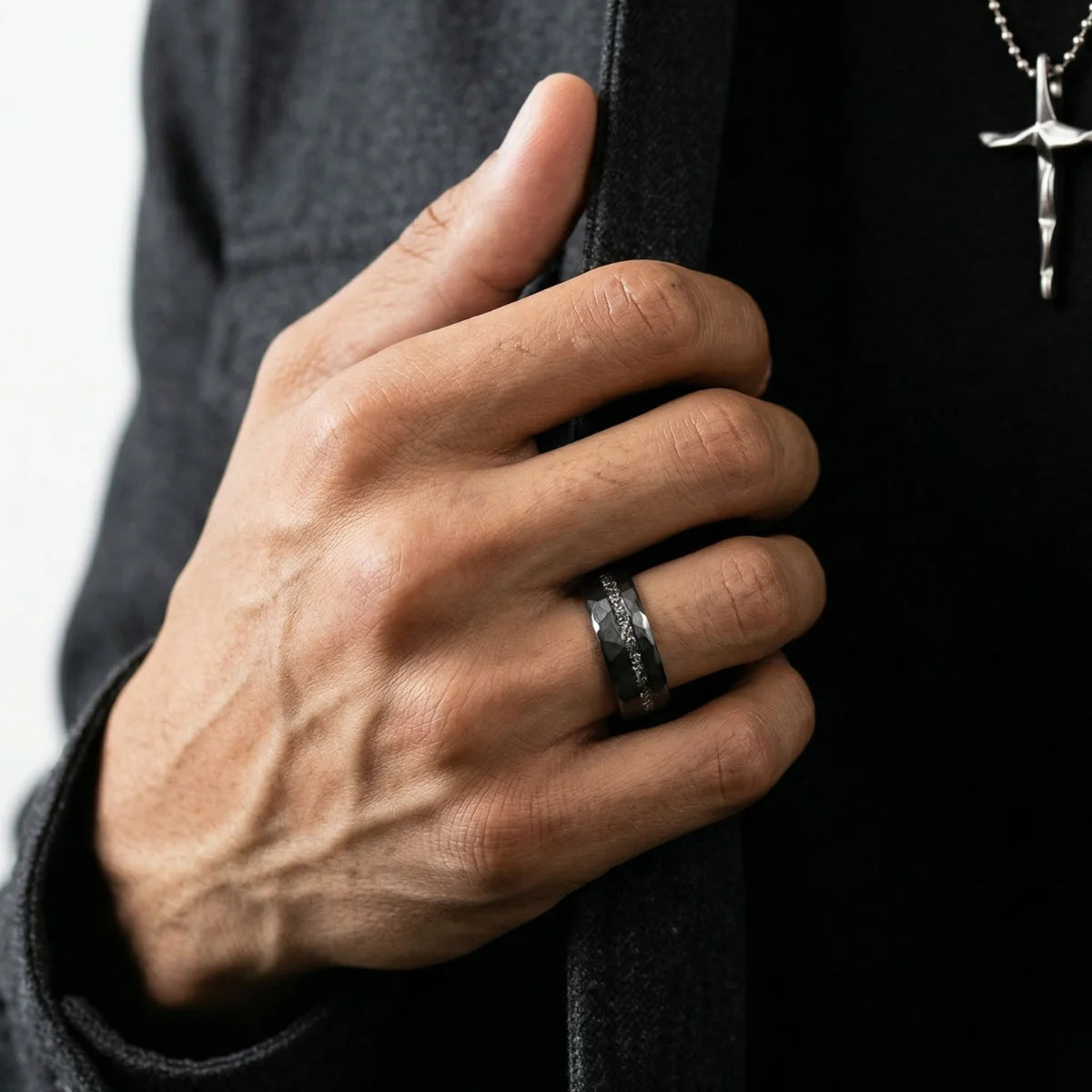 Black Hammered Meteorite Tungsten Ring Worn by Male Model