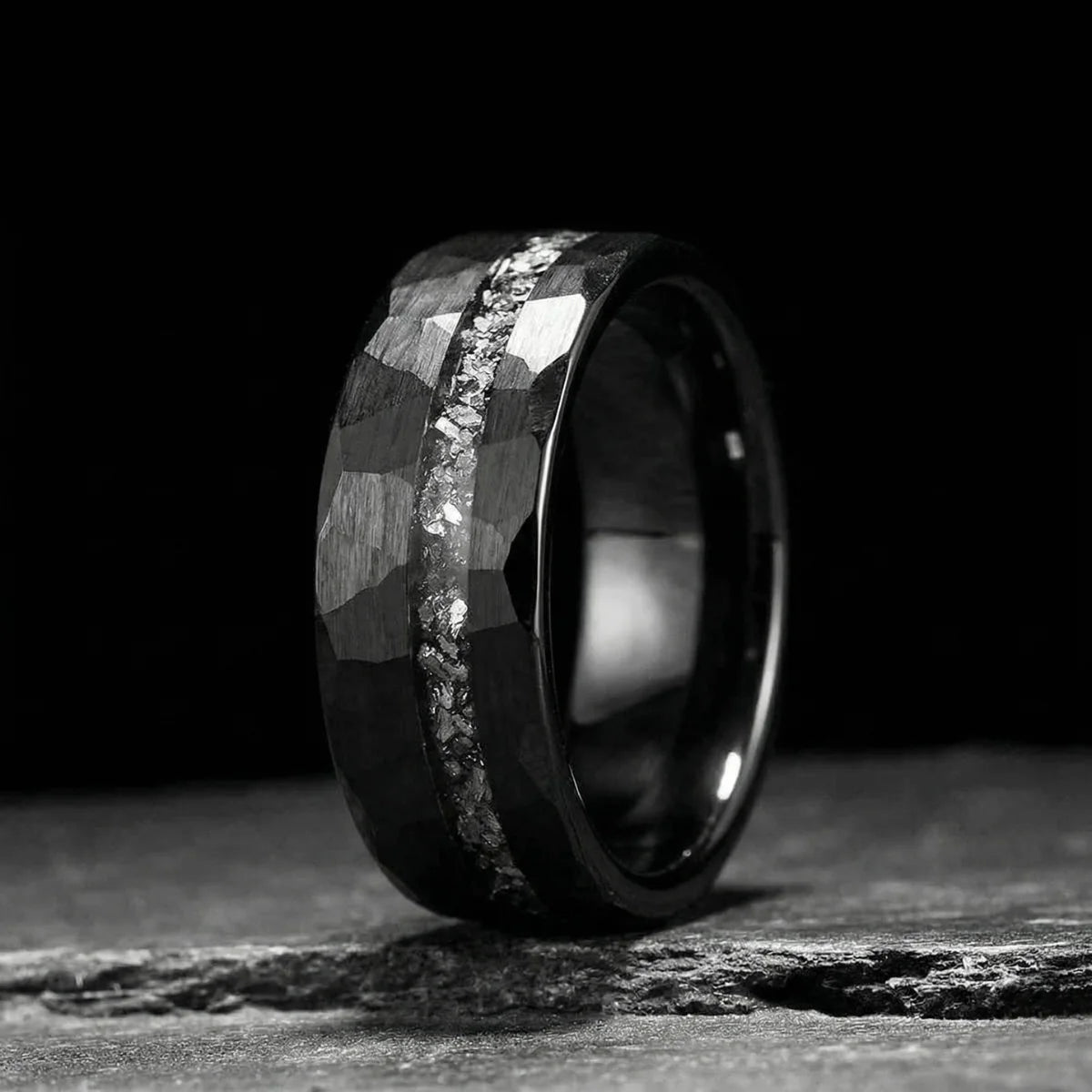 Black Hammered Meteorite Tungsten Ring