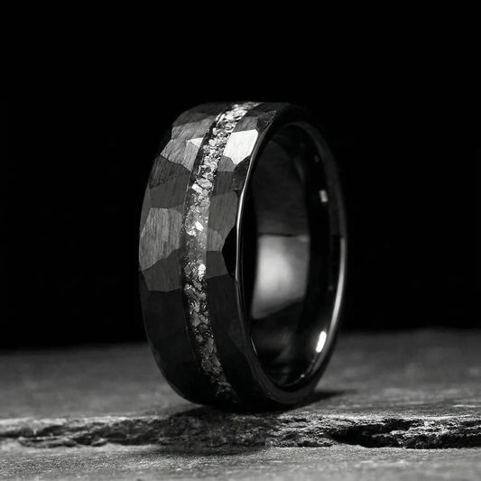 Black Hammered Meteorite Tungsten Ring