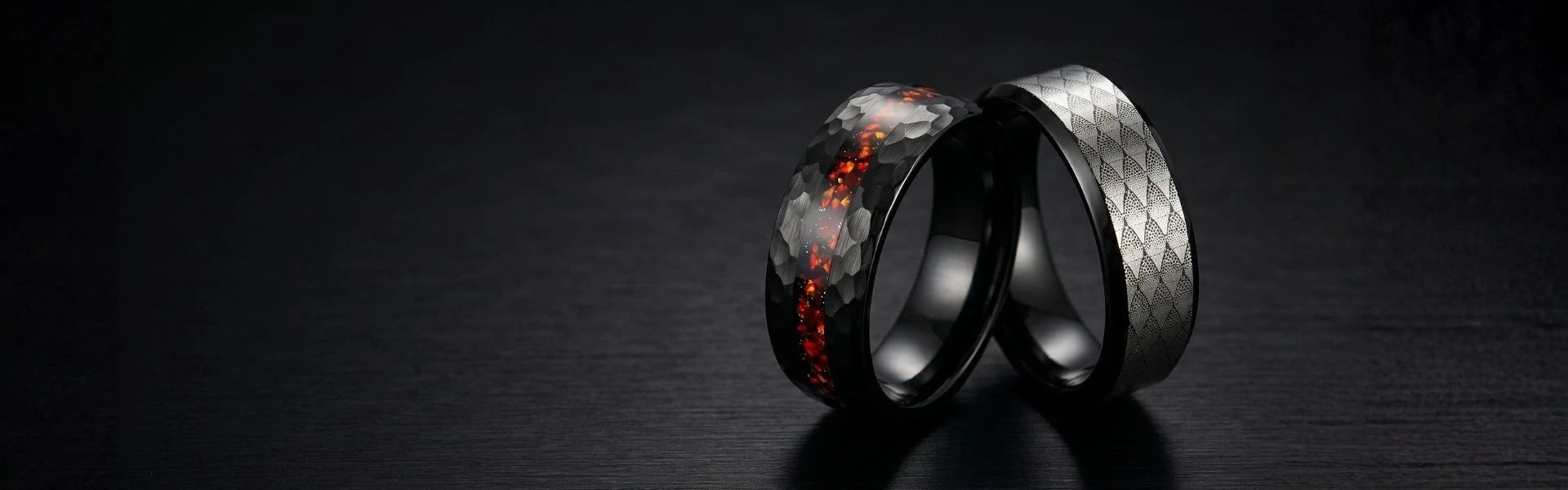 Black Hammered Opal Tungsten Ring Mens Wedding Bands Desktop Banner