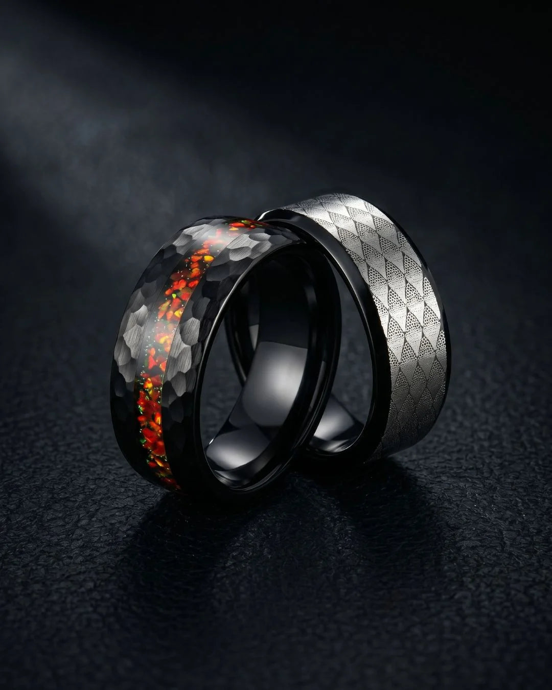 Black Hammered Opal Tungsten Ring Mens Wedding Bands Mobile Banner