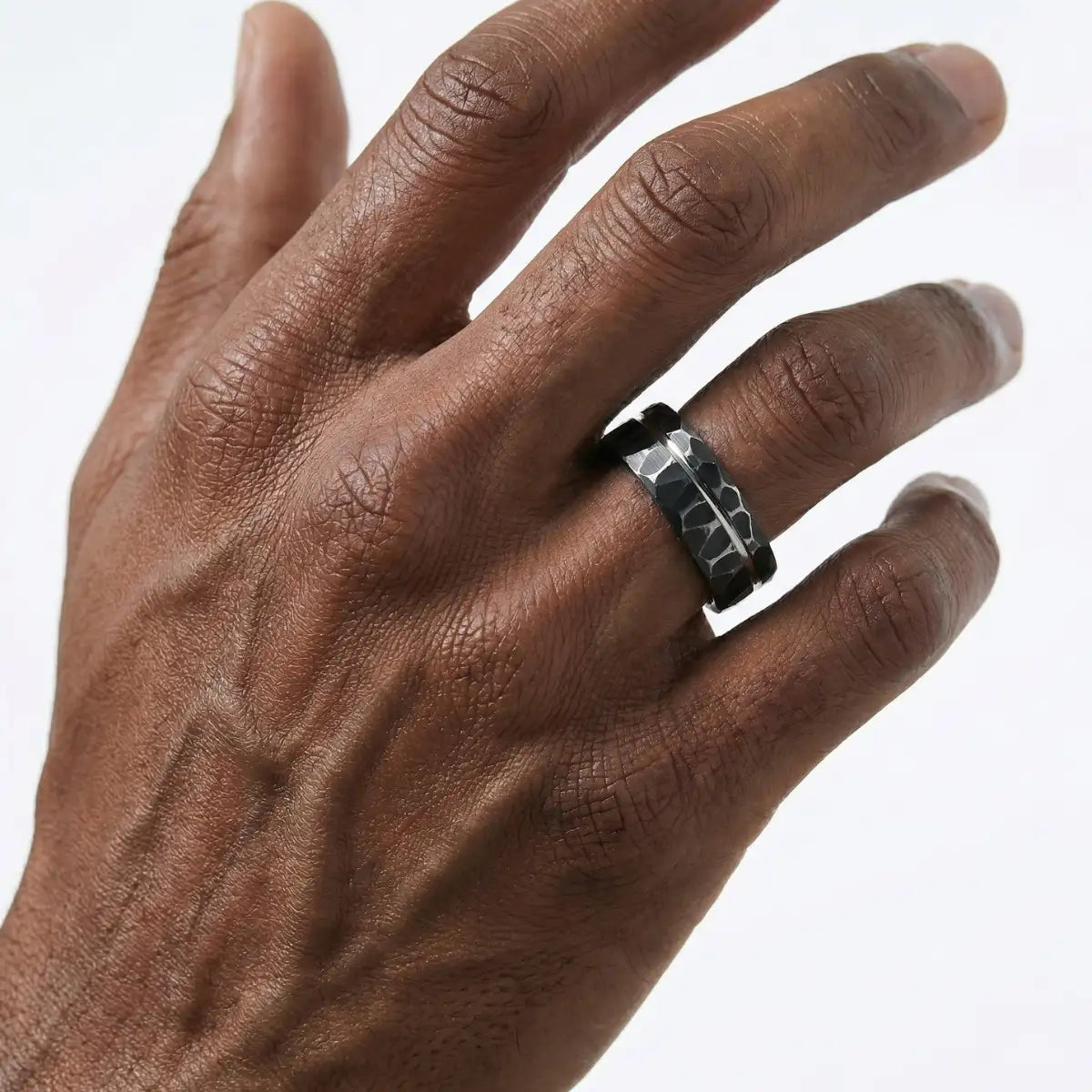Black Hammered Tungsten Ring Worn by Male Model Close Up