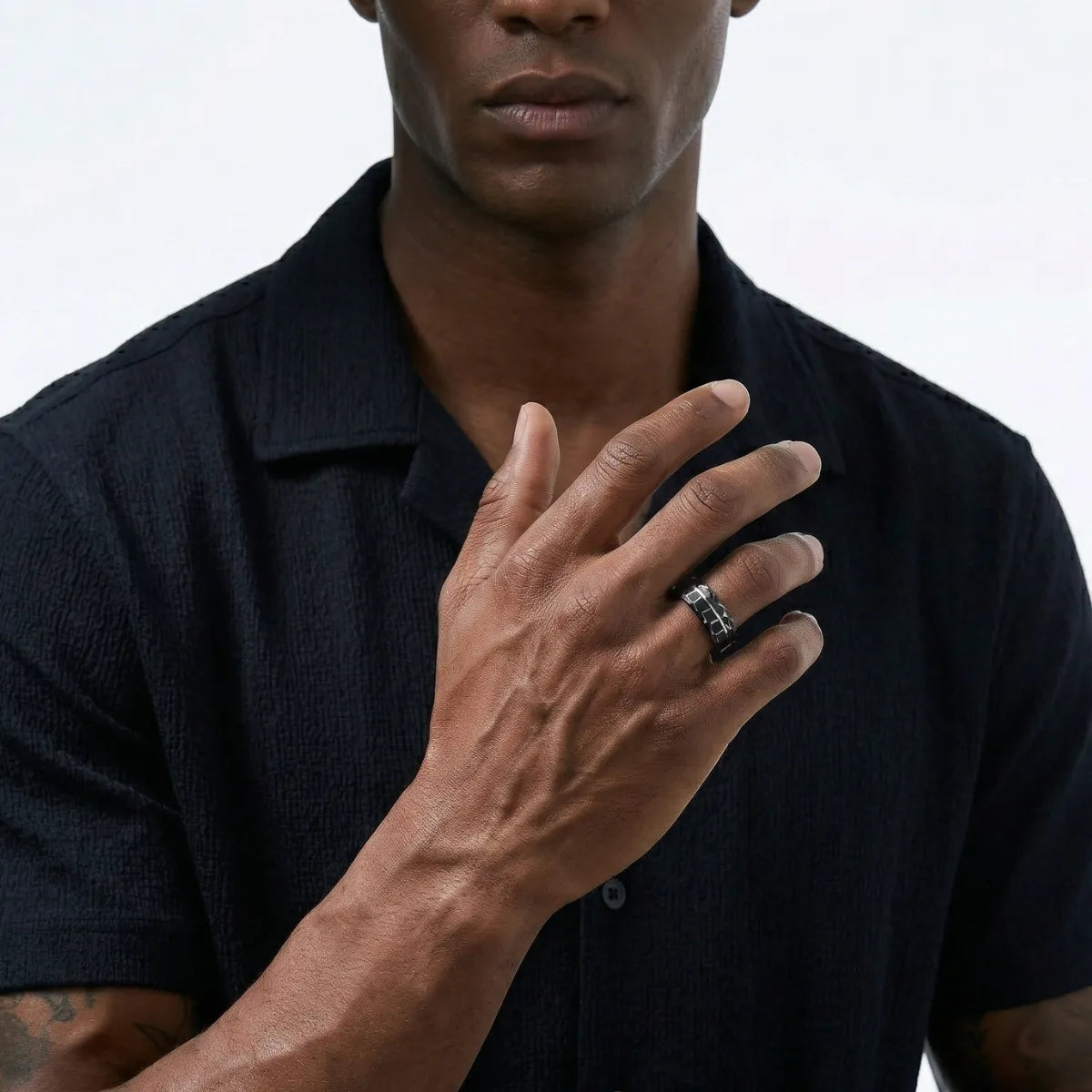 Black Hammered Tungsten Ring Worn by Male Model