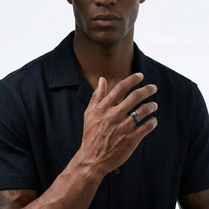 Black Hammered Tungsten Ring Worn by Male Model