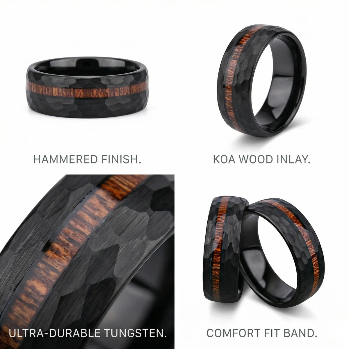 Black Hammered Wood Inlay Ring Features