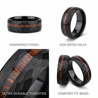 Black Hammered Wood Inlay Ring Features