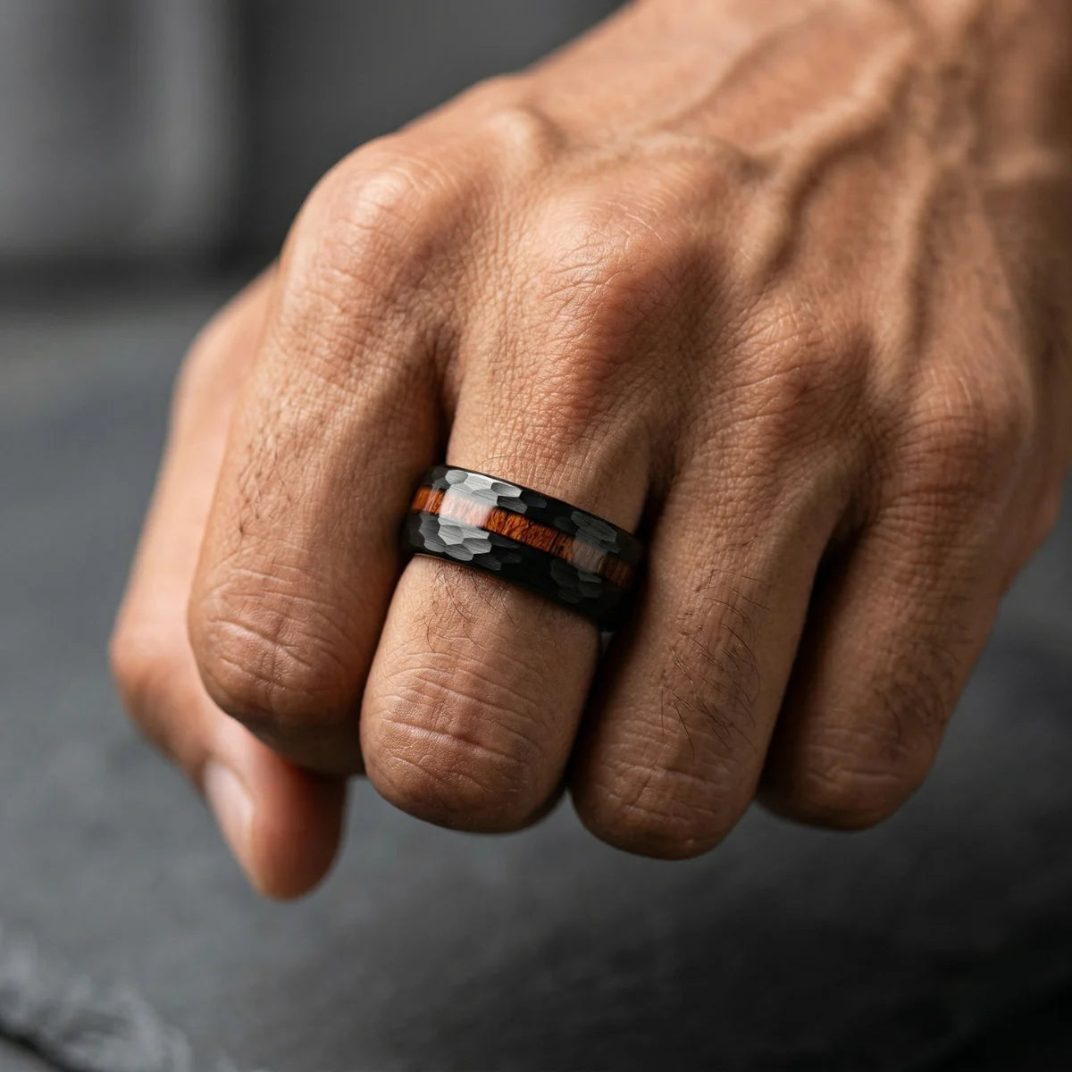 Black Hammered Wood Inlay Ring Worn by Male Model Close Up