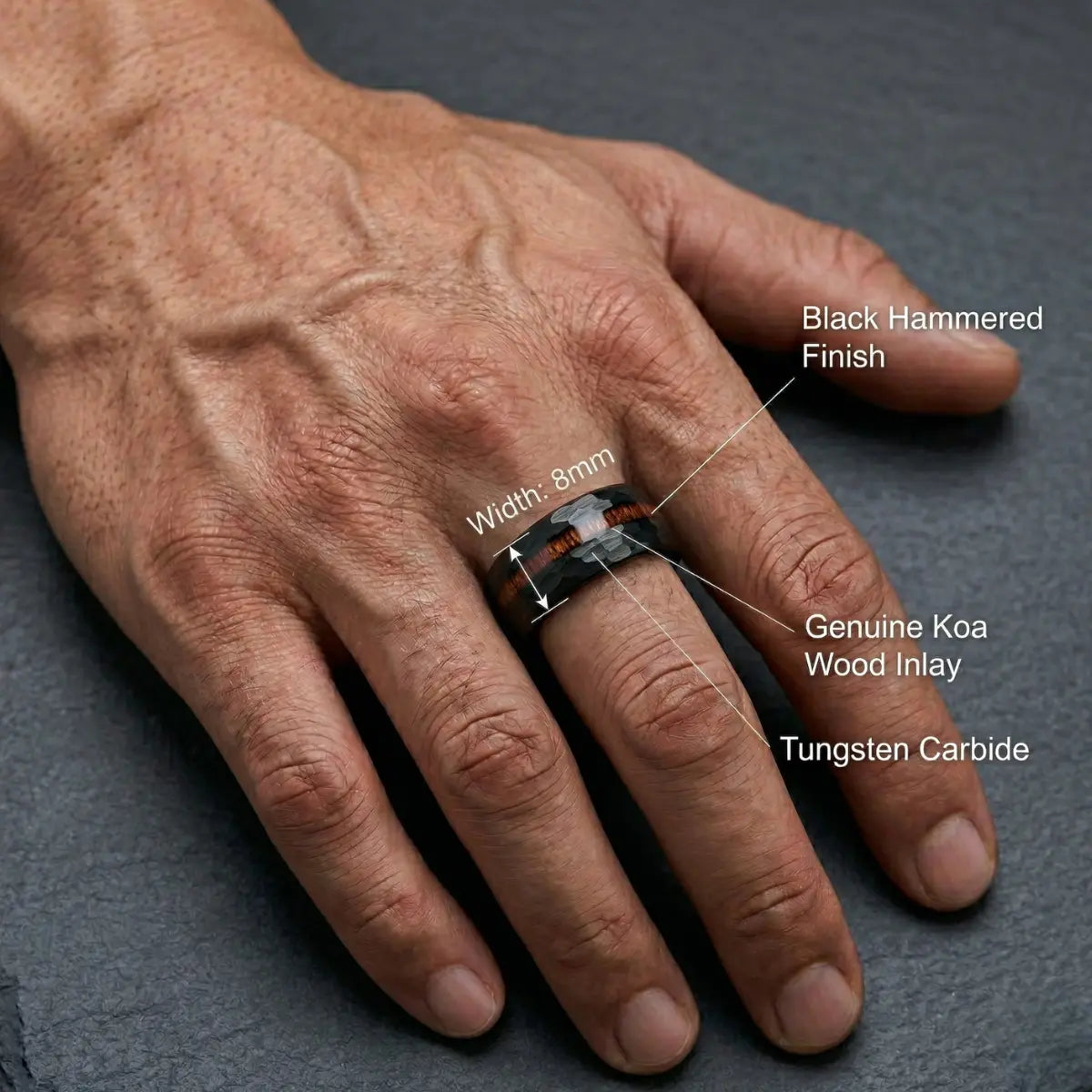 Black Hammered Wood Inlay Ring Worn by Male Model Details
