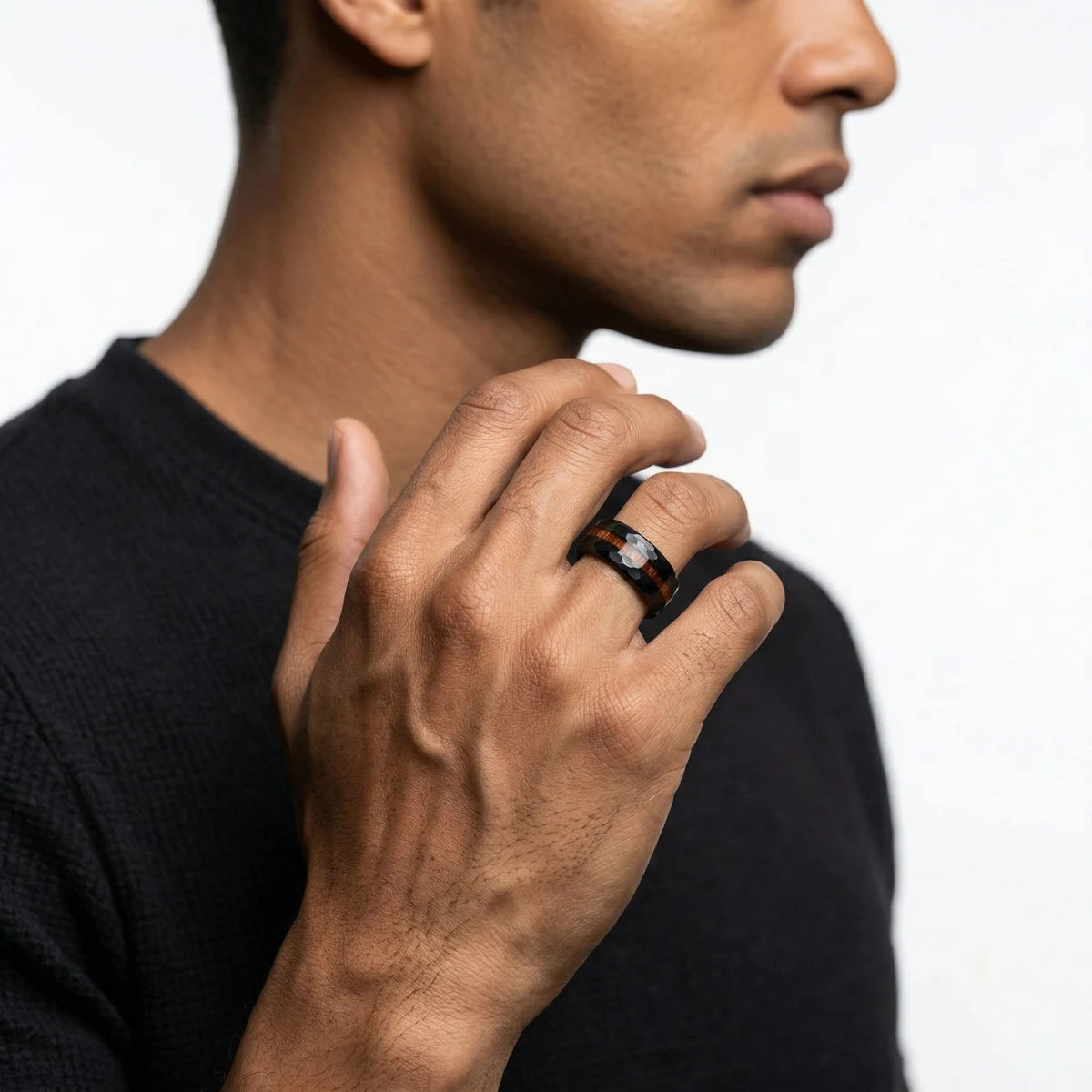 Black Hammered Wood Inlay Ring Worn by Male Model