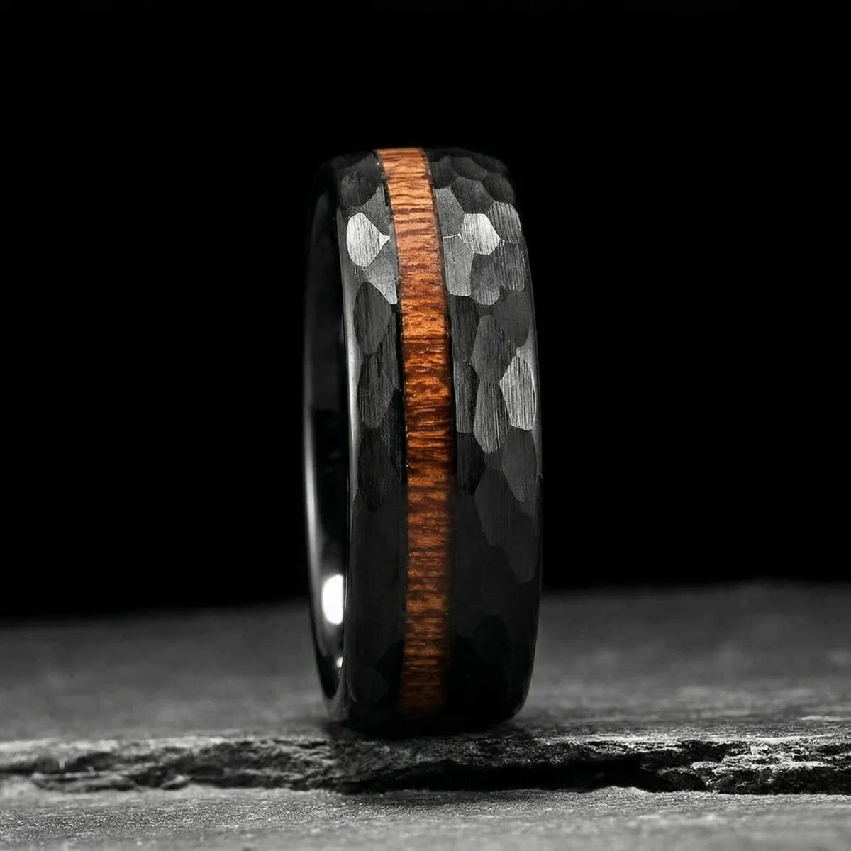 Black Hammered Wood Inlay Ring
