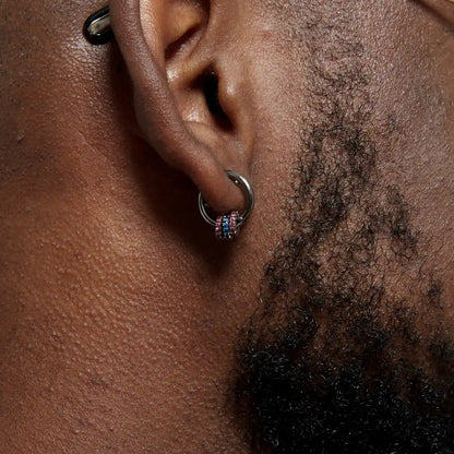 Black Hoop Earrings with Iced Out Rings Worn by Male Model