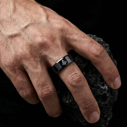 Black Masonic Tungsten Ring Worn by Male Model