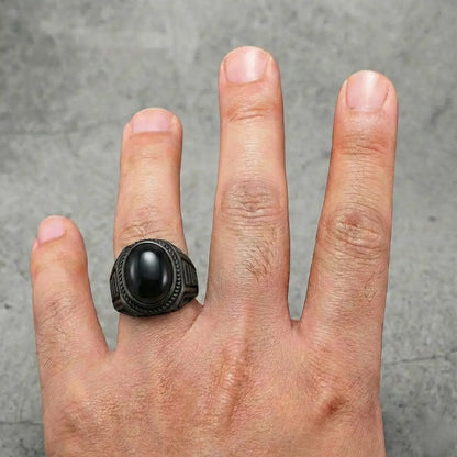 Black Men‘s Onyx Signet Ring Worn by Male Model