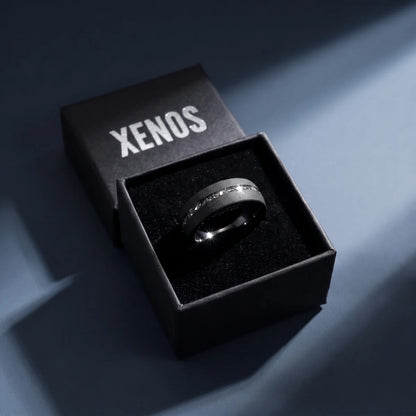 Black Meteorite Tungsten Ring Presented in Xenos Jewelry Packaging Box