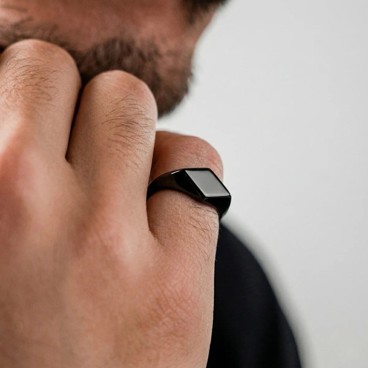 Black Minimalist Signet Pinky Ring Worn by Male Model