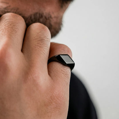 Black Minimalist Signet Pinky Ring Worn by Male Model