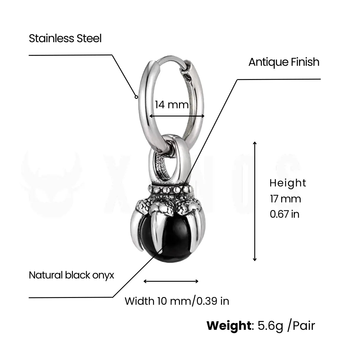 Black Onyx Dangle Earrings with Claw Setting Dimensions and Weight