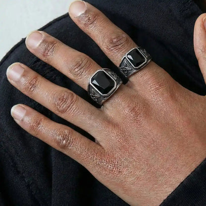 Black Onyx Lucifer Ring Large and Small Worn by Male Model