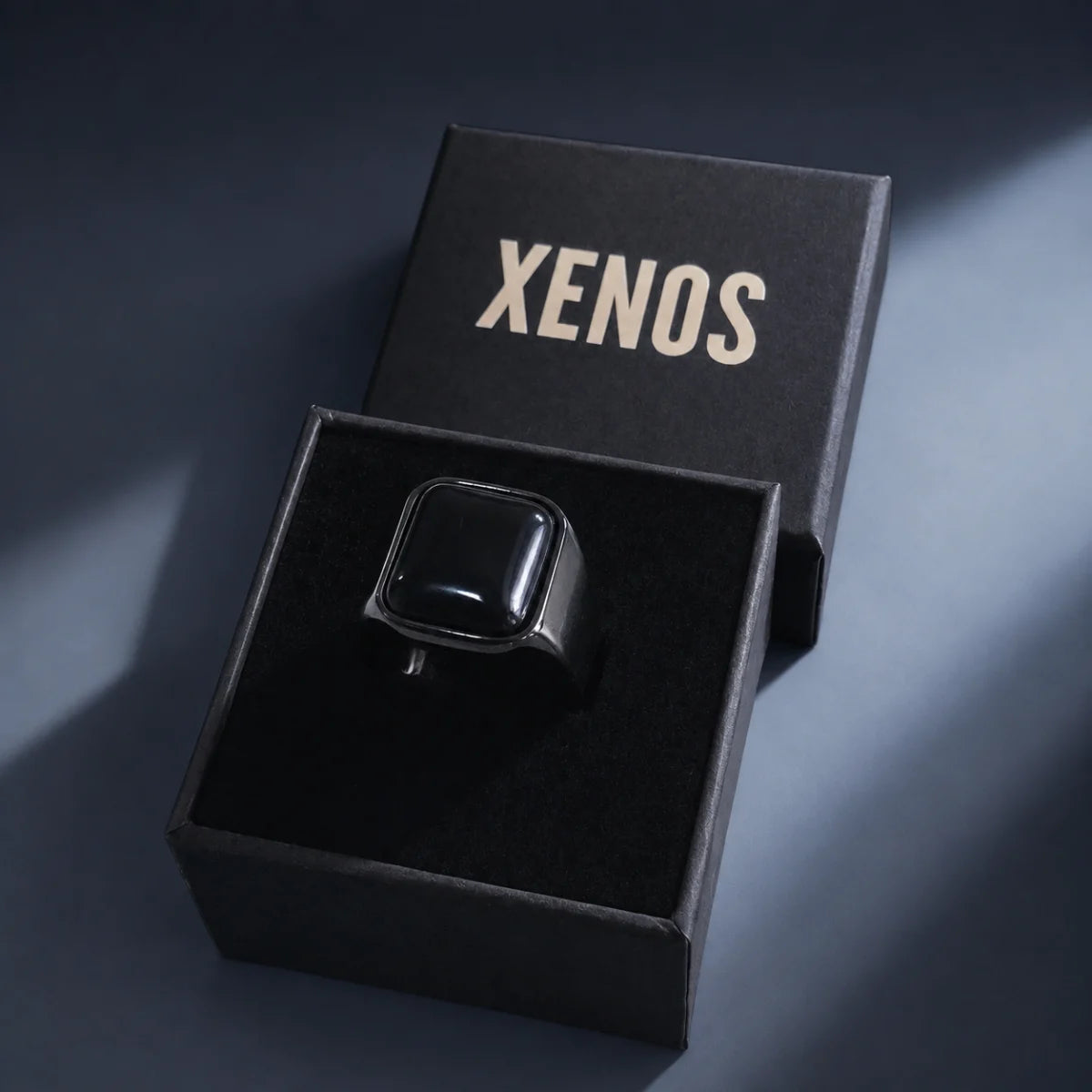 Black Onyx Square Signet Ring Displayed in Xenos Jewelry Box